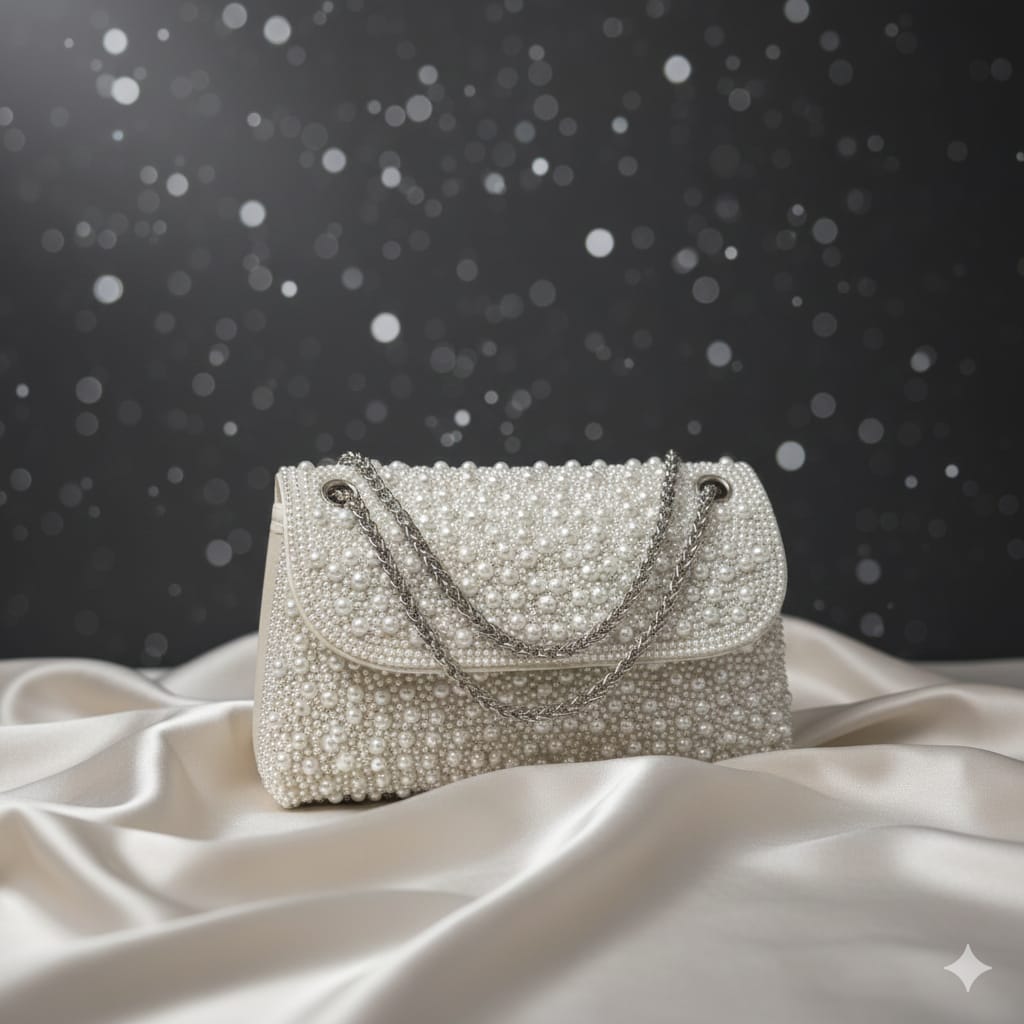 HPC6608 CARTERA GALA PERLAS CADENA CREMA