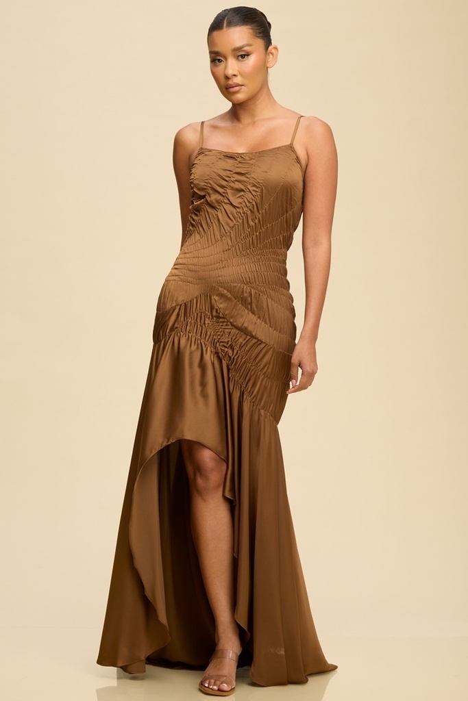 LD12046 LUXXEL VESTIDO GALA SATIN CHOCOLATE