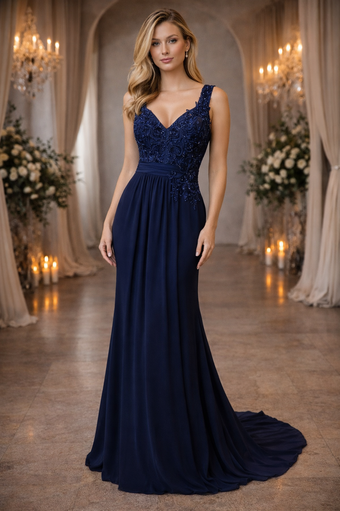 D003-B SUBLIME VESTIDO LARGO CASUAL AZUL MARINO ENCAJE 