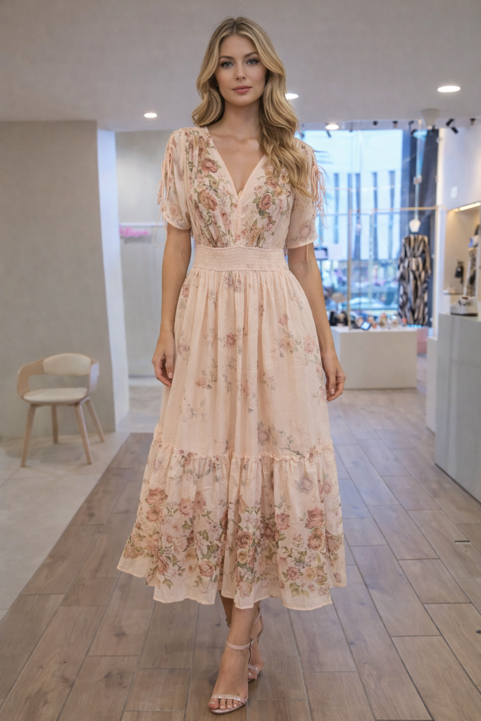 DM4573 MISS AVENUE VESTIDO CORTO ELASTICO FLORAL CREMA