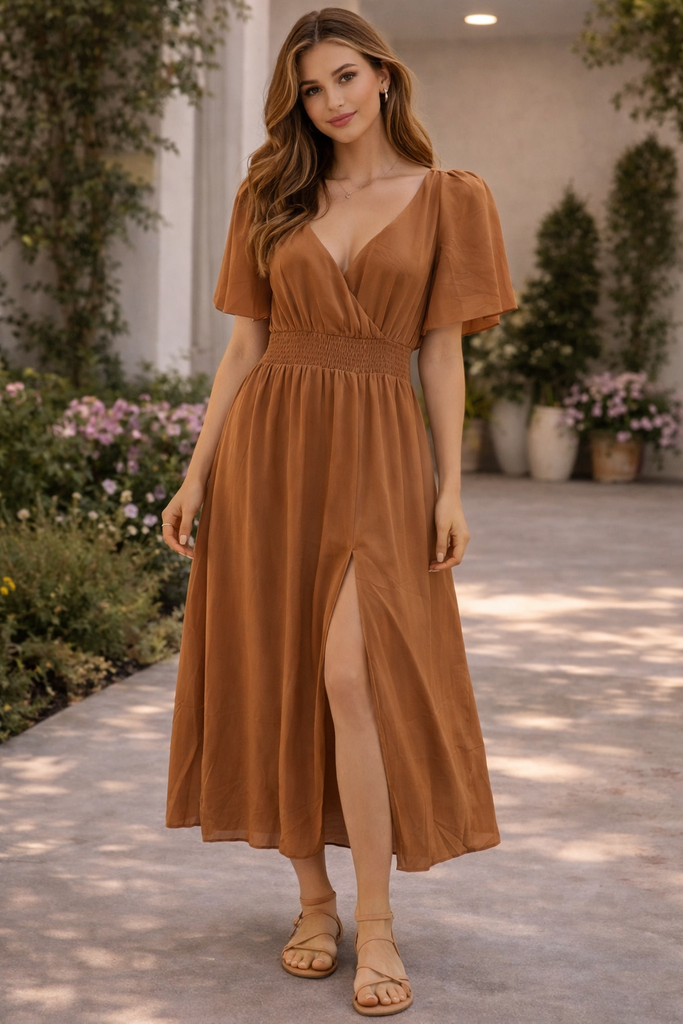 D4936 BLUSH Y DAY VESTIDO LARGO RESORTE CAMEL