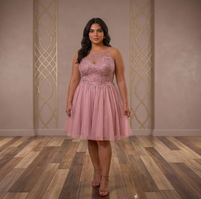 N054 NESLAY VESTIDO CORTO PALO ROSA ENCAJE