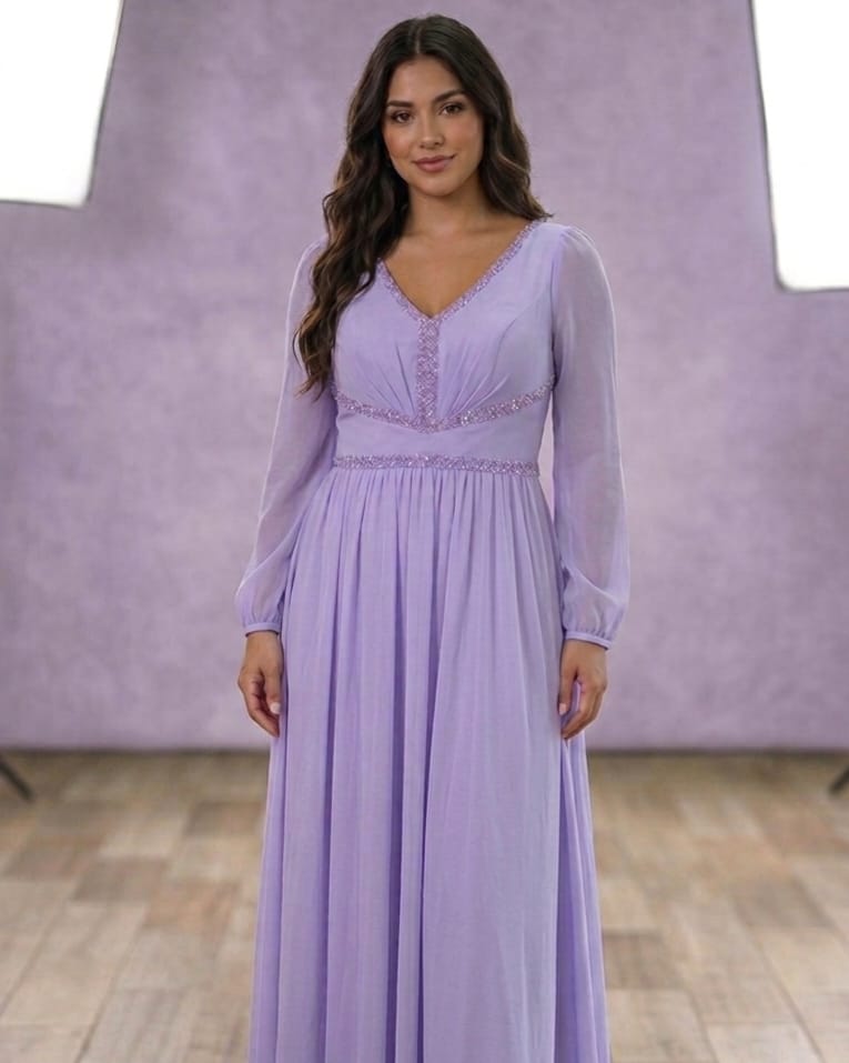 DR2117 NESLAY VESTIDO LARGO LAVANDA MANGAS