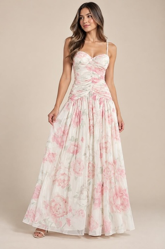 CD30951 LVSE VESTIDO LARGO FLOREADO CREMA