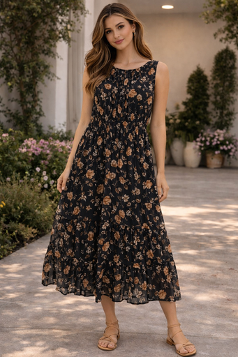 D5121X BLUSH Y DAY VESTIDO LARGO PLUS NEGRO FORAL