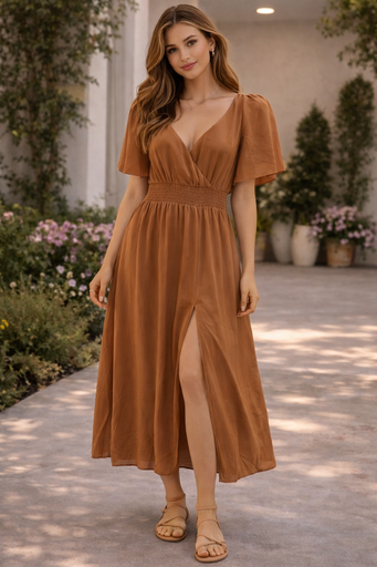 D4936 BLUSH Y DAY VESTIDO LARGO RESORTE CAMEL