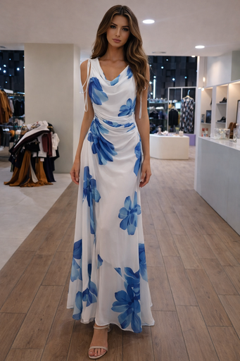 64586DO1 COLLECTIVE VESTIDO LARGO BLANCO PETALOS AZULES