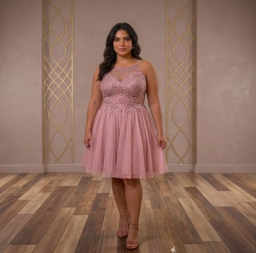 N054 NESLAY VESTIDO CORTO PALO ROSA ENCAJE